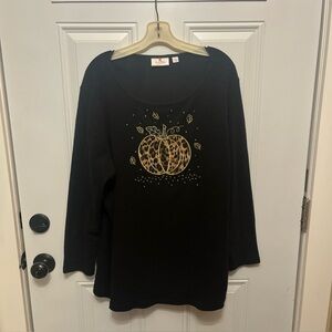 Quacker Factory Black Pumpkin Waffle knit Top Embroidered 2x